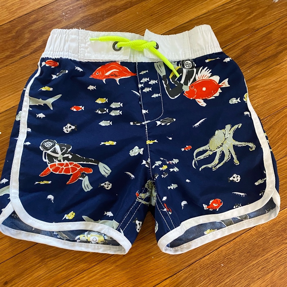 Mini Boden Navy Swim Trunks with Sea Life Print, size 3